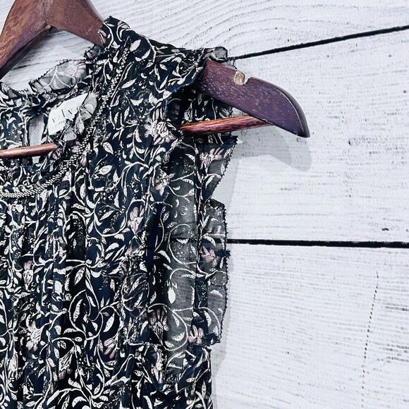 Velvet by Graham & Spencer Black Floral Print Midi Dress Tie Waist Ruffled Small - Picture 6 of 14